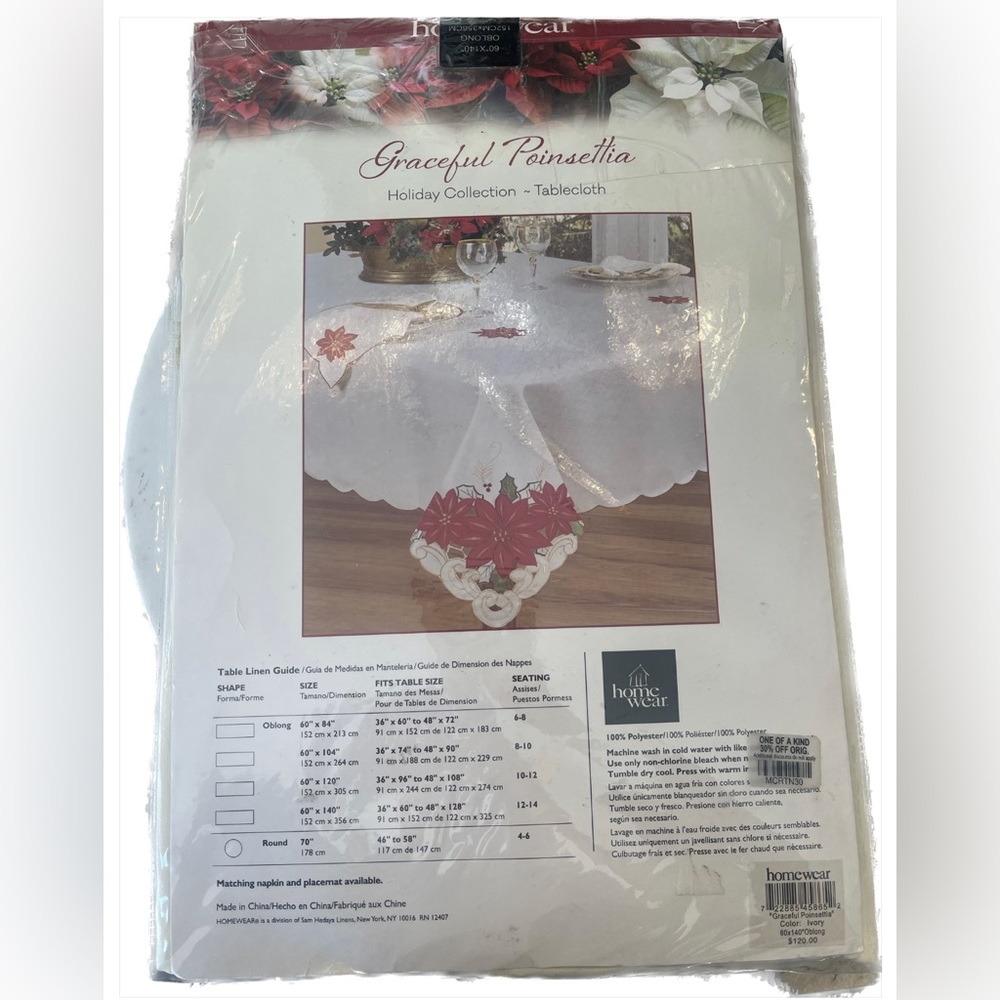 Homeward Oblong Tablecloth  Christmas GRACEFUL Poinsettia 60 x 140